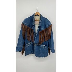 Jeanjer Denim Fringe Jacket Women S Vtg Western Cowboy Rodeo Cowgirl Oversized